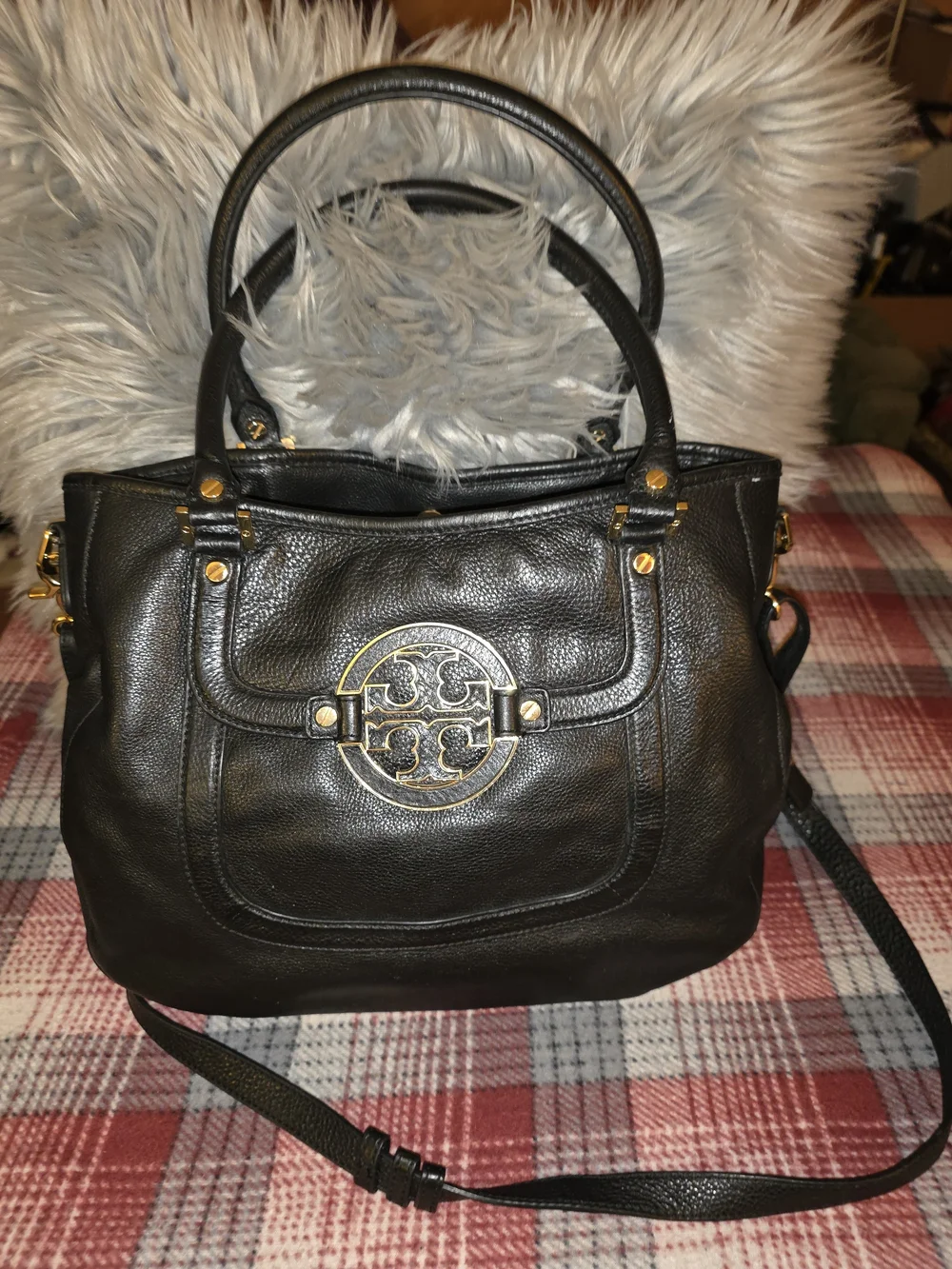 Tory Burch Black Leather Tote with Gold Logo Medallion